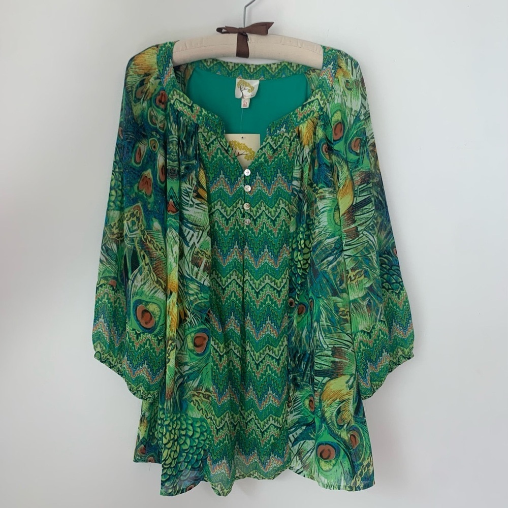 Anthropologie Fig & Flower Green Peacock Tunic Blouse